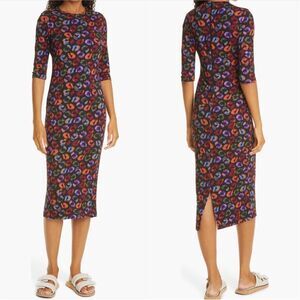FARM Rio Leopard Print Jersey Sheath Dress in Black Ikat-Dyed Size S
